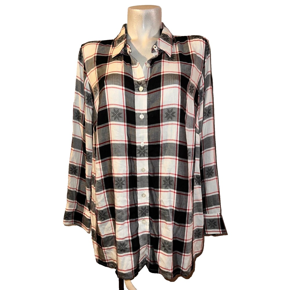 New Talbots Top Woman 1X Plaid Star Motif Button Down Shirt Black White Red NWT